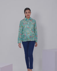 Women's shirt teal blue with allover floral prints and collar neck pattern