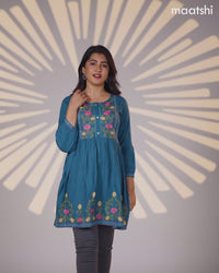 Cotton umbrella short kurti peacock blue with plain body & embroidery work neck pattern without bottom