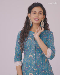 Cotton readymade kurti set teal blue and off white with allover floral prints & simple neck pattern and straight cut pant