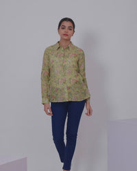 Women's shirt lime green with allover floral prints and collar neck pattern