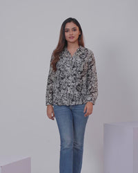 Women's shirt black and grey with allover floral prints and collar neck pattern