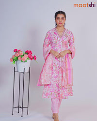 Cotton readymade salwar suit off white and pink with allover prints & embroidery mirror work v neck pattern and straight cut pant & dupatta