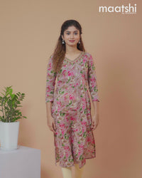 Cotton readymade kurti mauve pink and multi colour with allover leaf prints & embroidery mirror work v neck pattern without pant