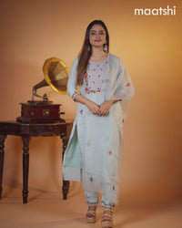 Muslin salwar suit pastel blue with embroidery & mirror work neck pattern and straight cut pant & organza dupatta