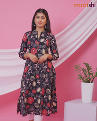 Cotton readymade A-line kurti black and multi colour with allover floral prints & collar neck pattern without bottom