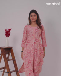 Modal kurti set pastel pink with allover floral prints & gota patti lace wok neck pattern and straight cut pant