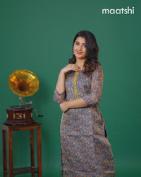 Tissue readymade kurti blue shade with allover floral prints & beaded work neck pattern without bottom