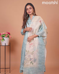 Tissue anarkali salwar suit pastel blue with allover prints & simple neck pattern and straight cut pant & floral prints tissue dupatta