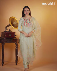 Muslin salwar suit pastel green with sequin & embroidery work neck pattern and straight cut pant & organza dupatta