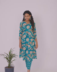 Cotton readymade kurti set teal green with allover floral prints & v neck pattern and straight cut pant