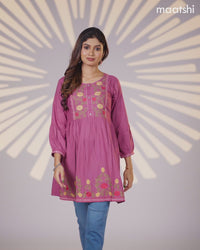 Cotton umbrella short kurti onion pink with plain body & embroidery work neck pattern without bottom