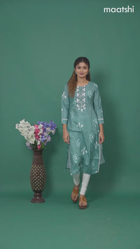 Cotton readymade kurti teal green shade with batik prints & embroidery mirror work neck pattern without pant