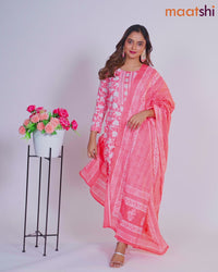 Cotton readymade salwar suit peach pink and off white with allover floral prints & embroidery work neck pattern and bottom & cotton dupatta