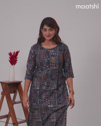 Rayon kurti set navy blue with allover prints & simple neck pattern and straight cut pant