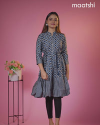 Modal readymade short umbrella kurti peacock blue with allover prints & simple embroidery work neck pattern without pant