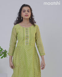 Chanderi floor length dress lime green with allover geometric prints & embroidery patch work neck pattern without pant