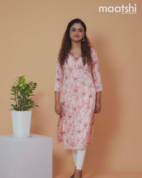 Cotton readymade kurti peach shade with allover prints & embroidery mirror work v neck pattern without pant