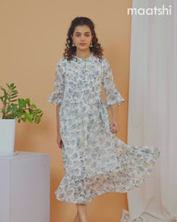 Chiffon dress off white and grey with allover floral prints & simple neck pattern without pant