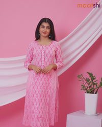 Cotton readymade A-line kurti pink and off white with allover floral buttas & embroidery sequin work neck pattern without bottom