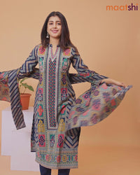 Modal readymade salwar suit navy blue and multi colour with allover prints & embroidery work collar neck pattern and straight cut pant & printed dupatta