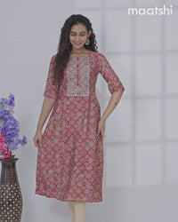 Modal anarkali kurti red shade and grey with allover prints & simple neck pattern without pant