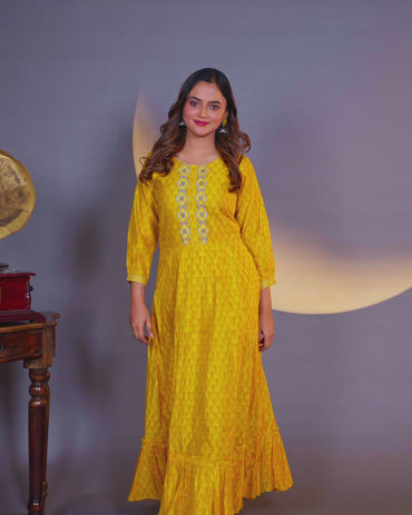 Raw silk readymade floor length kurti mustard yellow with allover prints & embroidery work neck pattern without pant