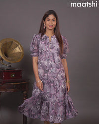 Chiffon readymade dress grey shade and pink with allover prints & simple collar neck design without pant