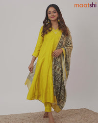 Raw silk readymade anarkali salwar suit mustard yellow with embroidery lace work v neck pattern and straight cut pant & ajrakh printed dupatta