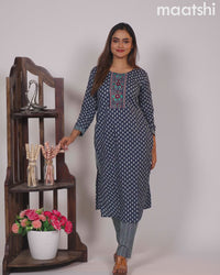 Cotton readymade kurti set blue and teal blue maroon with allover buttas prints & embroidery mirror work neck pattern and straight cut pant