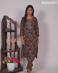 Cotton readymade kurti set black with allover kalamkari prints & embroidery mirror work neck pattern and straight cut pant