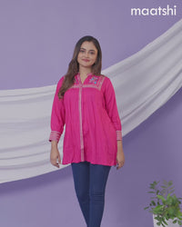 Cotton readymade short kurti pink with plain body & embroidery work collar neck pattern without bottom