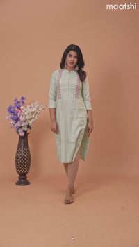 Chanderi readymade kurti teal green shade with allover french k/not beaded work neck pattern without pant