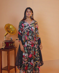 Muslin readymade alia cut salwar suit black with allover floral prints & mirror beaded work neck pattern and straight cut pant & chiffon dupatta