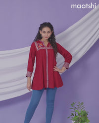 Cotton readymade short kurti maroon with plain body & embroidery work collar neck pattern without bottom