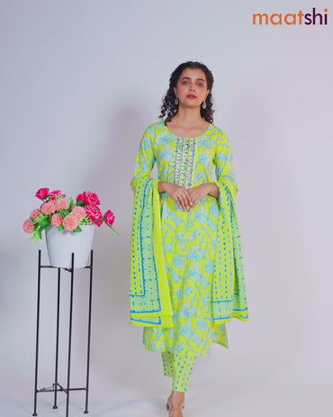 Cotton readymade salwar suit lime yellow and light blue with allover floral prints & embroidery mirror work neck pattern and straight cut pant & dupatta