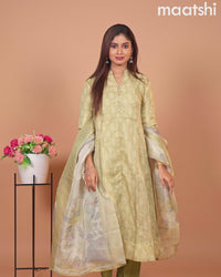 Tissue anarkali salwar suit pista green with allover ikat buttas & simple neck pattern and straight cut pant & floral prints tissue dupatta