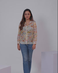 Women's shirt cream with allover floral prints and collar neck pattern