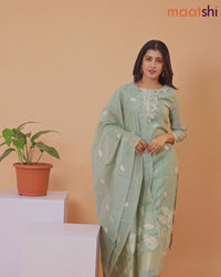 Raw silk readymade salwar suit pastel green with embroidery buttas & embroidery zardosi work neck pattern and straight cut pant & banarasi dupatta