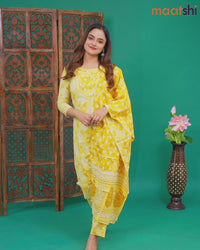 Cotton readymade salwar suit yellow shade with allover prints & embroidery lace work neck pattern and straight cut pant & cotton dupatta