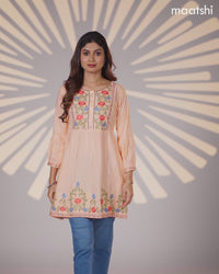 Cotton umbrella short kurti peach orange with plain body & embroidery work neck pattern without bottom