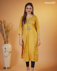 Rayon kurti mustard shade with embroidery work neck pattern without pant