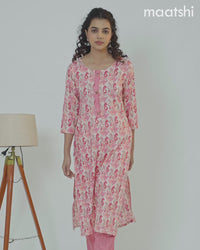 Rayon readymade kurti set cream and pink with allover ikat prints & patch work neck pattern and straight cut pant