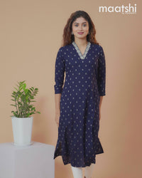 Cotton readymade kurti navy blue with allover thread butta & embroidery work v neck pattern without pant