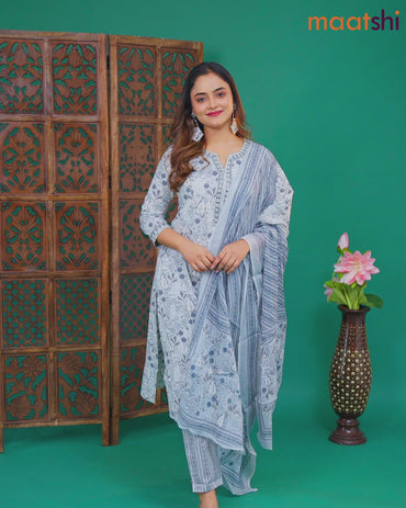 Cotton readymade salwar suit grey and greyish blue with allover prints & embroidery mirror work neck pattern and bottom & cotton dupatta