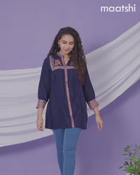 Cotton readymade short kurti navy blue with plain body & embroidery work collar neck pattern without bottom