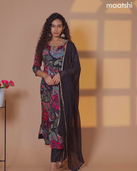 Chiffon naira cut salwar suit black and multi colour with allover floral prints & zardosi embroidery work neck pattern and straight cut pant & chiffon dupatta