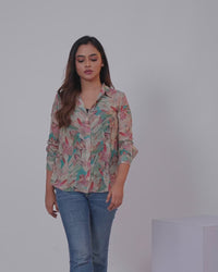 Women's shirt pastel grey and multi colour with allover floral prints and collar neck pattern