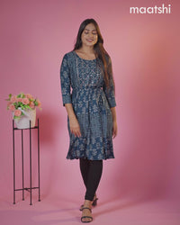 Muslin reaymade short umbrella kurti peacock blue with allover prints & mirror work neck pattern without pant