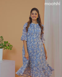 Chiffon dress blue shade with allover floral prints & simple neck pattern without pant