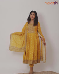 Muslin readymade anarkali salwar suits mustard yellow with allover bandhani prints & beaded work neck pattern and straight cut pant & kalamkari printed dupatta